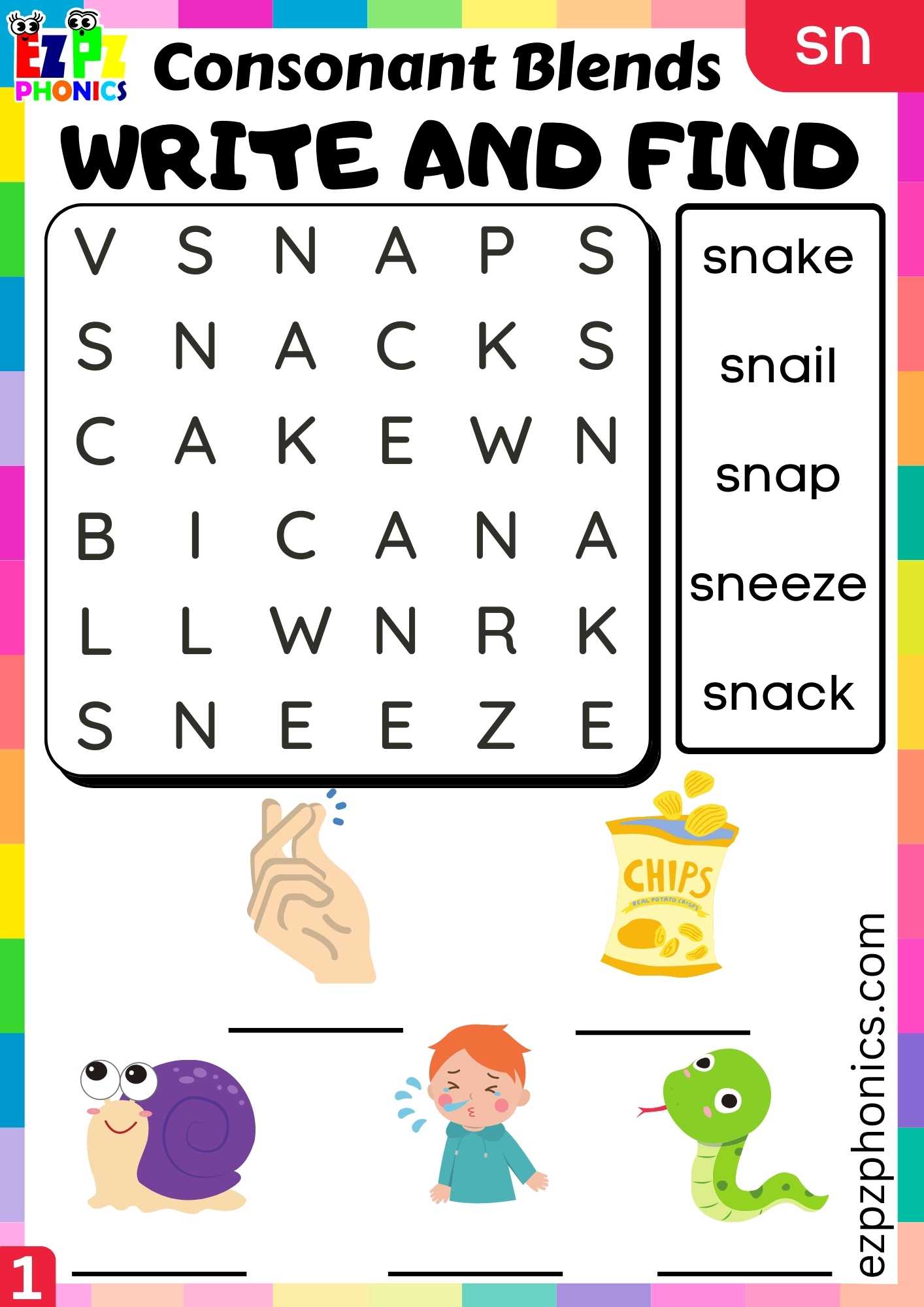 Group1 SN Words Write And Find Phonics Consonant Blends Worksheet